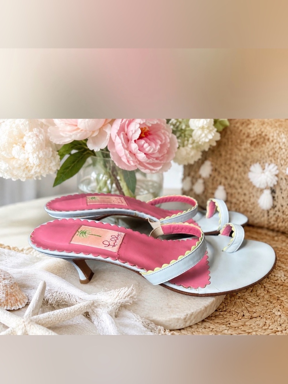 Lilly Pulitzer Pink & Light Blue Scalloped Kitten Heels